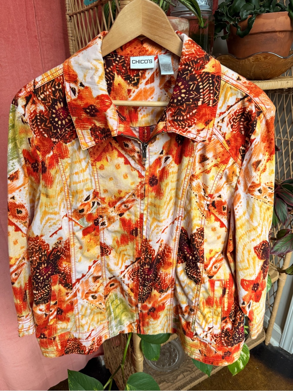 Chico's Vibrant Orange Floral Zip Jacket size XL